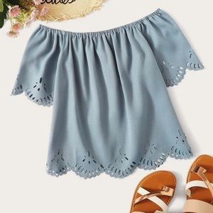 Cute dusty blue off shoulder float top